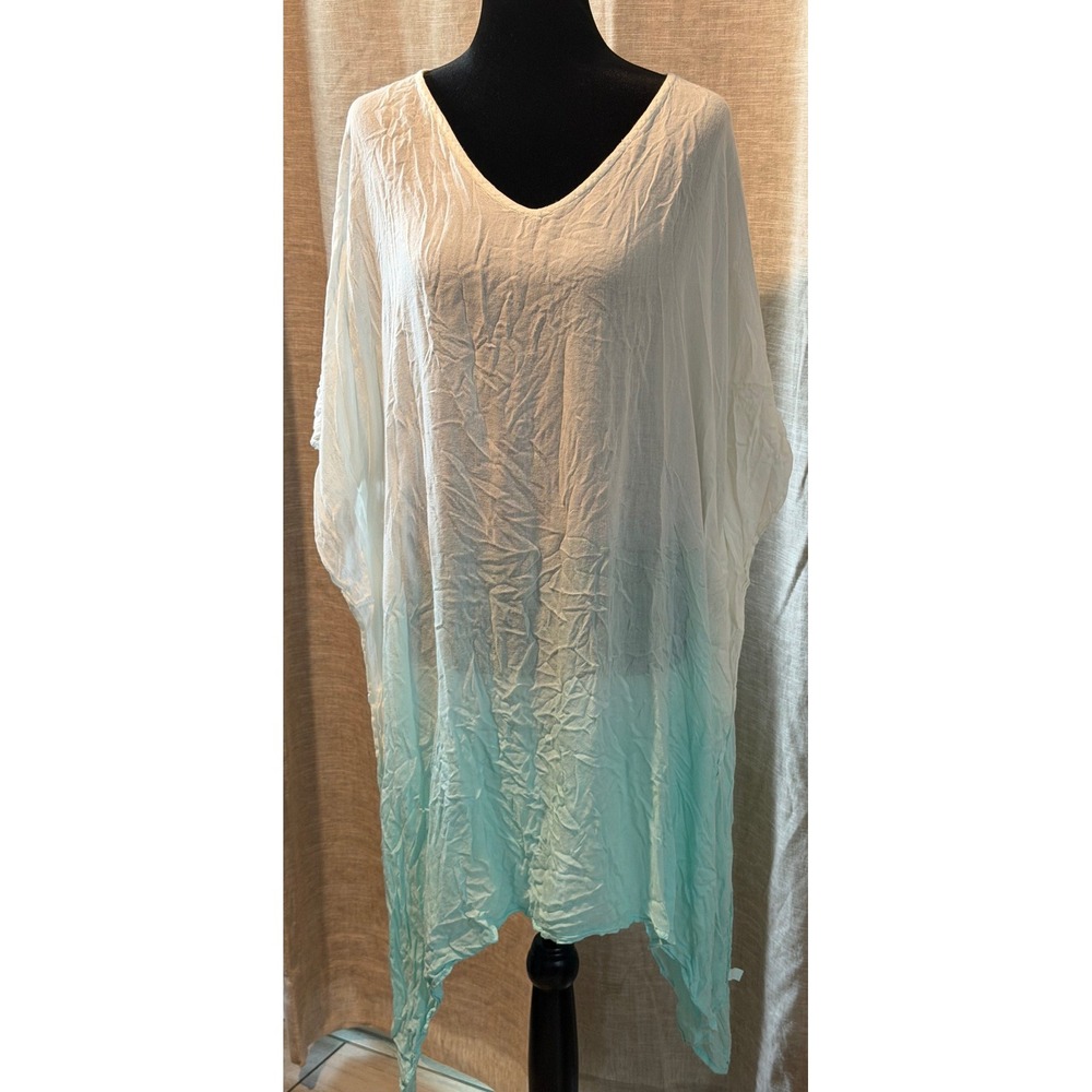 White Mint Green Ombre Kaftan Cover Up One Size Boho Handkerchief Hem